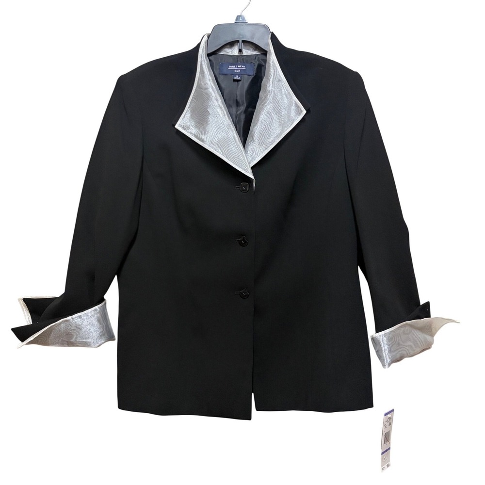 Jones Wear Suit Womens Black Blazer Silver Contrast Lapel Size 18 NWT MT108
